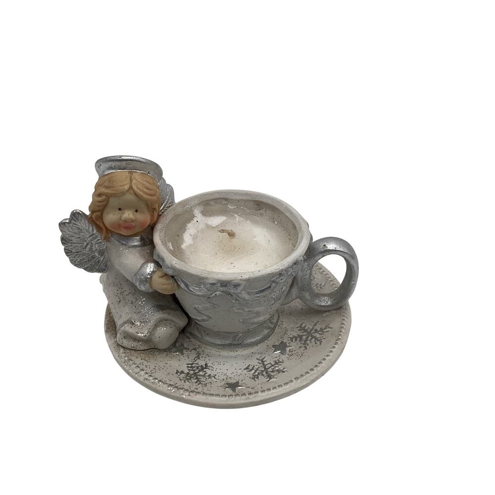 Angel Holding Teacup Candle Holder Christmas Winter Decor‎ Silver Glitter